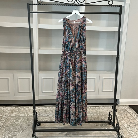 Free People Metallic Tan Gold Dust Jumpsuit Wide Leg Smocked Lined M  NWOT - Picture 15 of 16